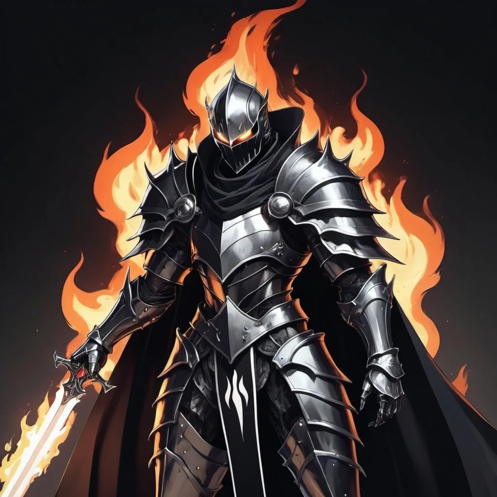 Prompt: Evil anime knight with black and white flame cape 