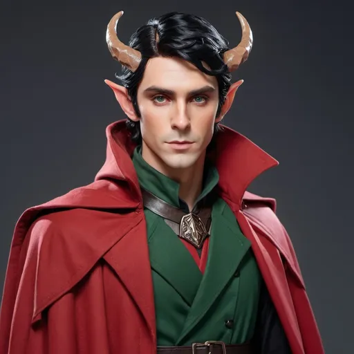 Prompt: Elf male with horns and black hair with red highlights, with a fine toned jawline and has a trench coat with a shoulder cape