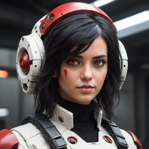 Prompt: Female mech pilot with black hair and red eyes 