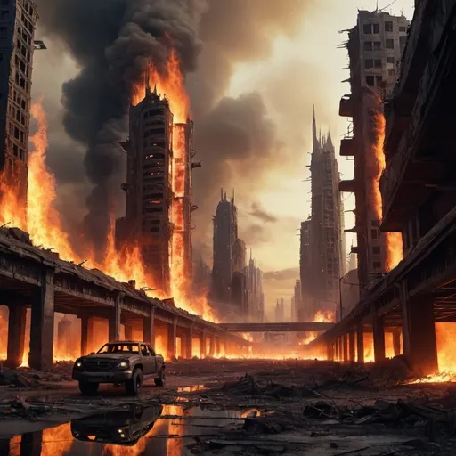 Prompt: Sci-fi city in flames and ruin