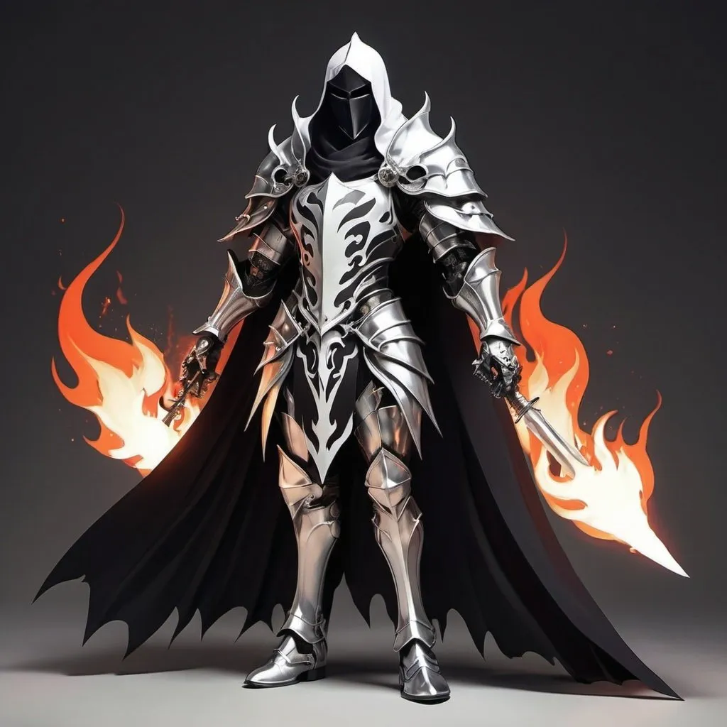 Prompt: Evil anime knight with black and white flame cape 