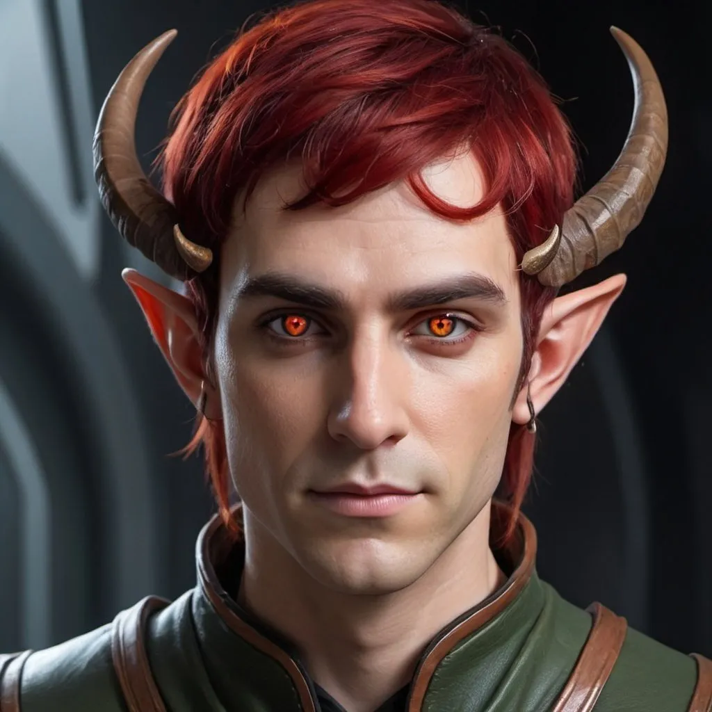 Prompt: Male elf Sci-fi protagonist with horns and red and black hair with amber eyes 