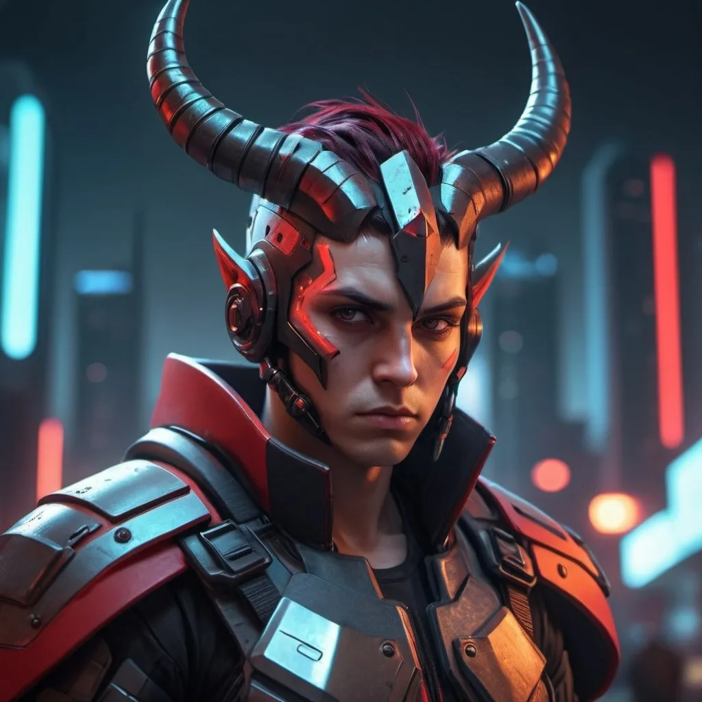 Prompt: Sci-fi soldier protagonist with horns and shoulder cape with red and black hair that is spiked slightly 