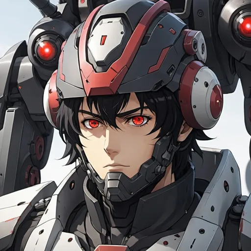 Prompt: Male Anime mech pilot with red eyes and black hair 