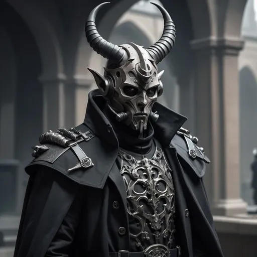 Prompt: Sci-fi soldier with horns and gothic design that has a shoulder cape and trench coat wearing an facemask 