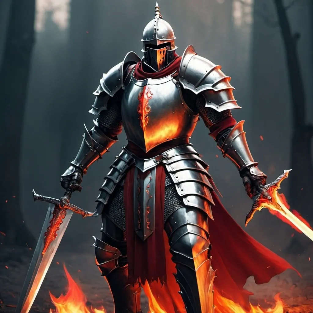 Prompt: Epic fantasy Knight with two swords that have a red flame 