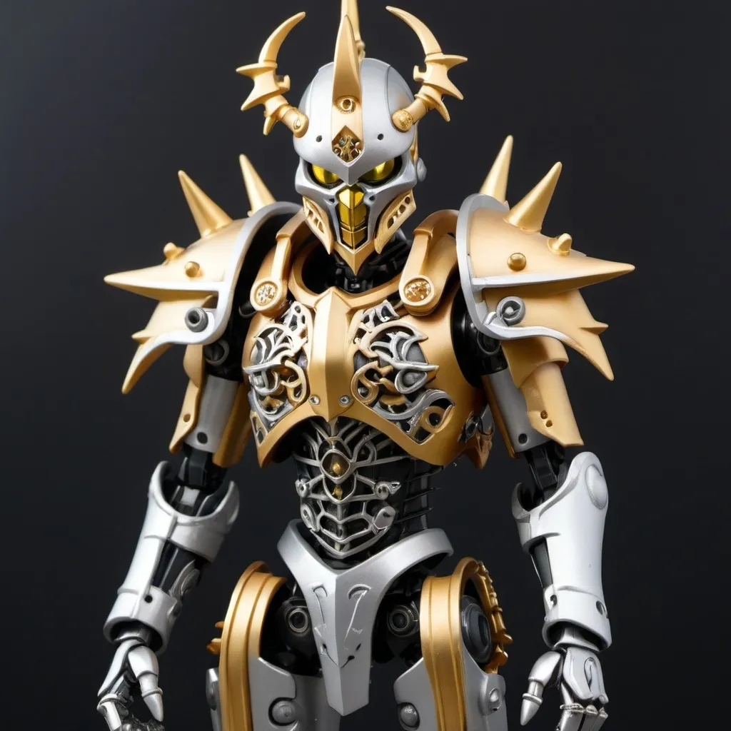 Prompt: Sci-fi Bionicle soldier with gothic design in gold and silver with a spiked crown and shoulder cape