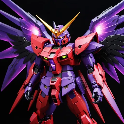 Prompt: Gundam devil with energy wings in red and purple and black with halo