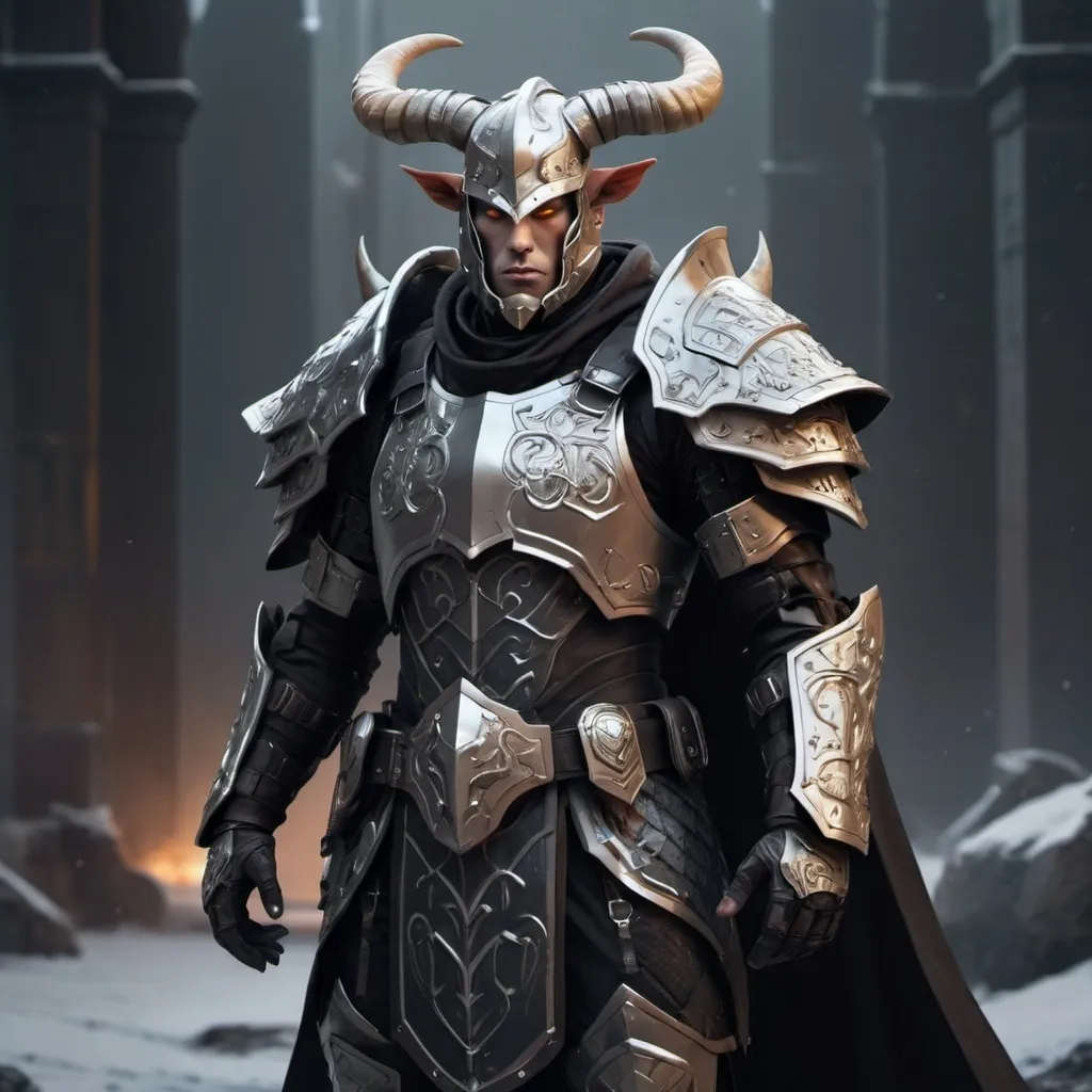 Prompt: Sci-fi soldier with horns that has norse and gothic design armor with a shoulder cape