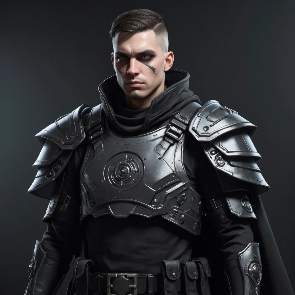 Prompt: Sci-fi soldier with shoulder cape and has a gothic design 