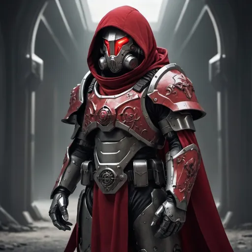 Prompt: Sci-fi soldier wearing power armor with gothic design with a crimson hooded helmet and shoulder cape 