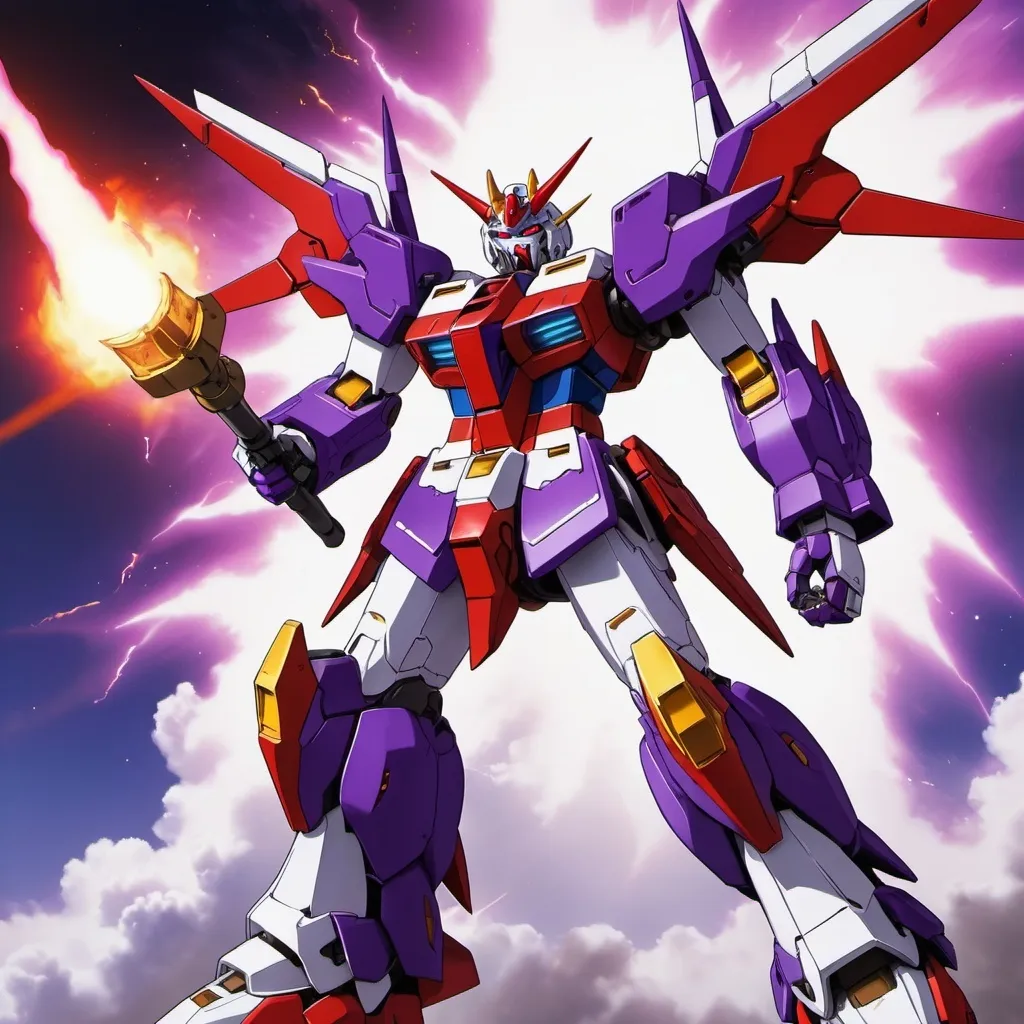 Prompt: Devil gundam mech with wings of red and purple energy blazing like the sun