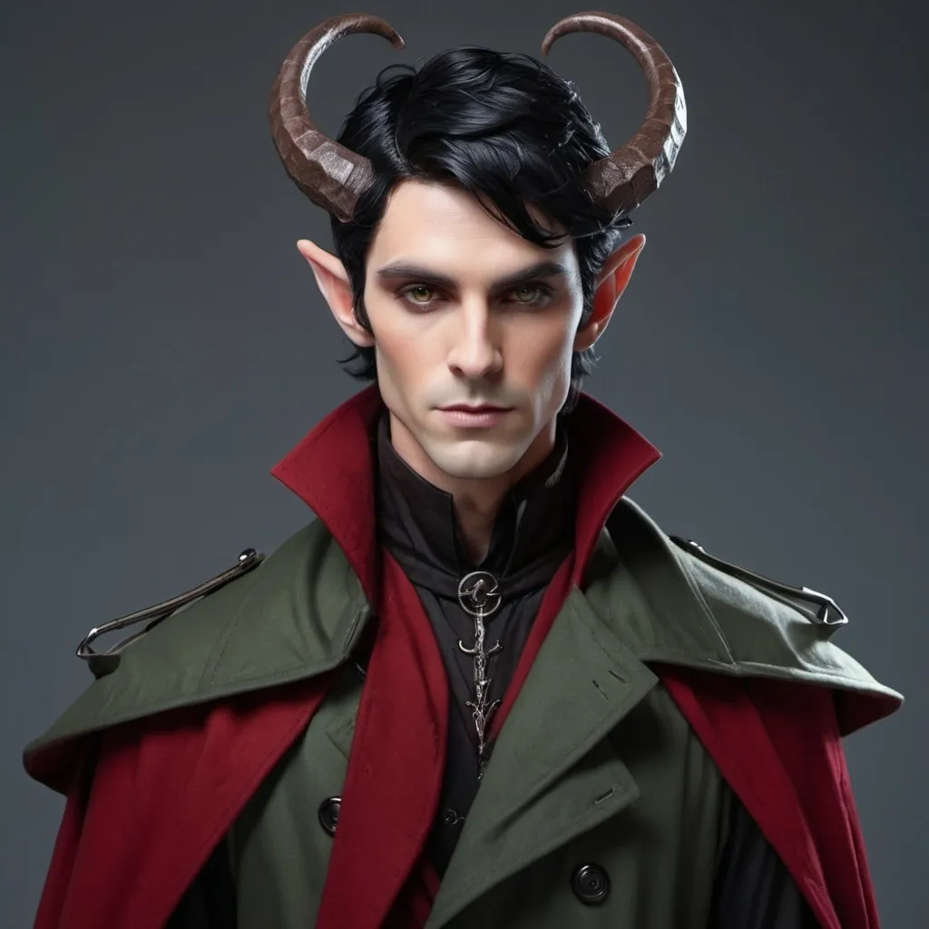 Prompt: Elf male with horns and black hair with red highlights, with a fine toned jawline and has a trench coat with a shoulder cape with gothic design 