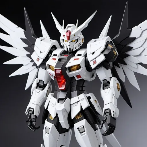 Prompt: Gundam devil with energy wings in silver and white and black with halo