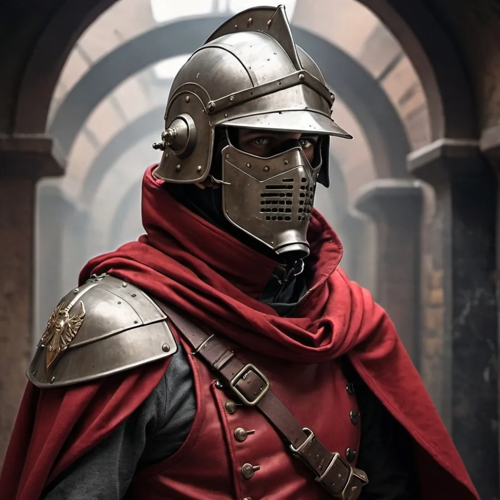 Prompt: Dieselpunk soldier with Knight Helmet and Crimson shoulder cape and hood