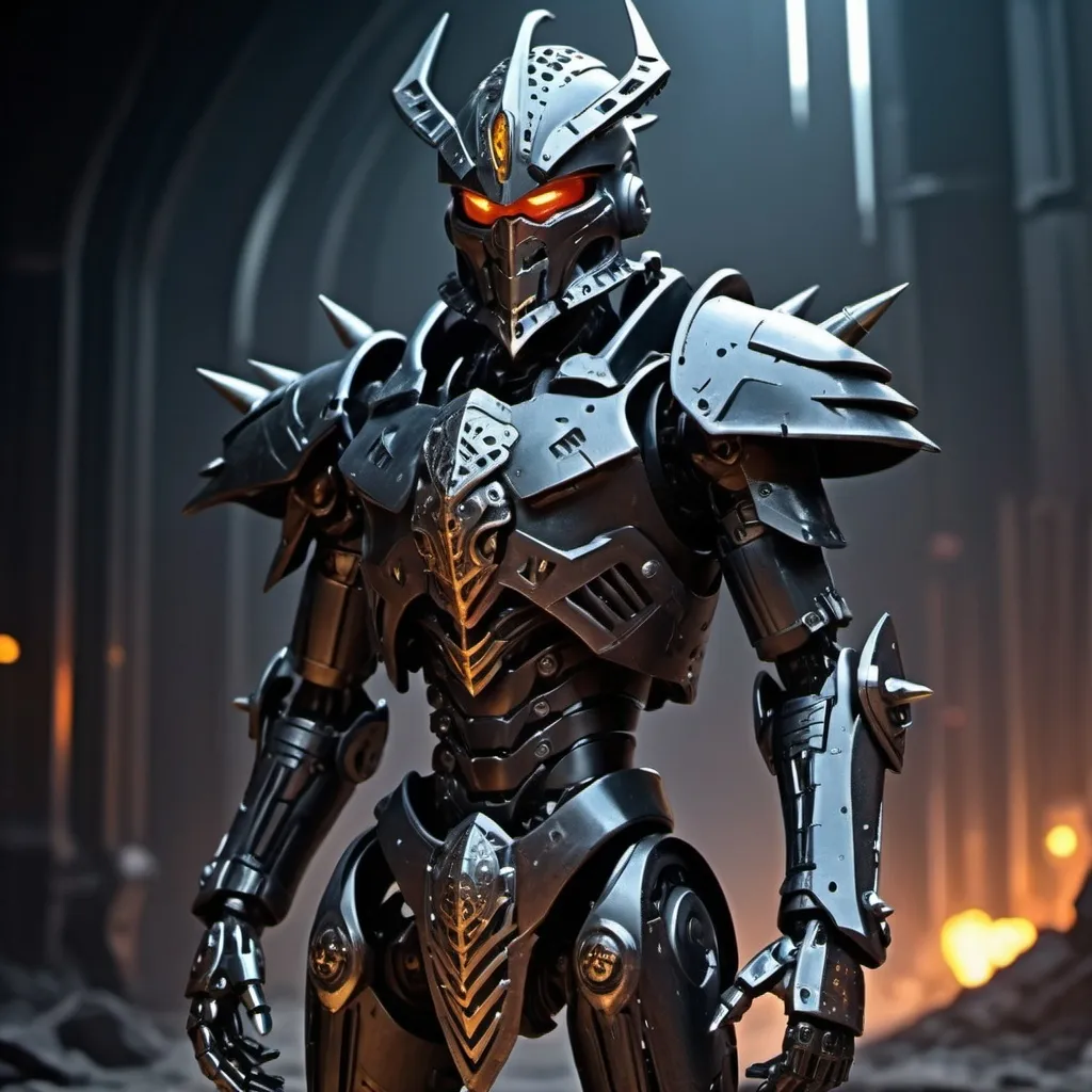 Prompt: Sci-fi Bionicle soldier with gothic design in  with a spiked crown and shoulder cape