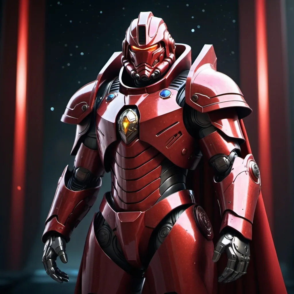 Prompt: Sci-fi male emperor with crimson shoulder cape and power armor 