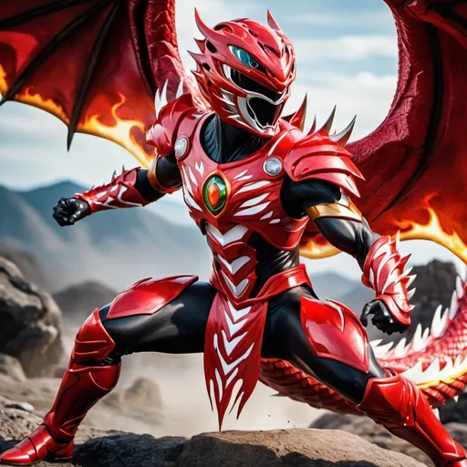 Prompt: Red dragon power ranger with shoulder cape