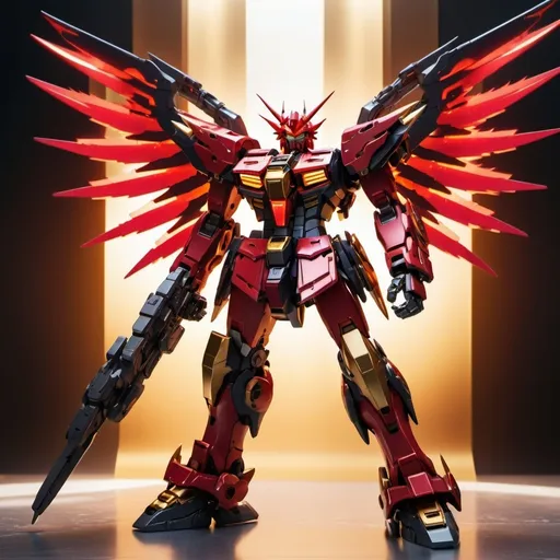 Prompt: (Devil gundam mech), impressive (red and black blazing energy wings), (dynamic action pose), intricate mechanical design, high-tech details, illuminated with (golden sunlight radiance), dramatic shadows enhancing the powerful presence, futuristic backdrop, intense atmosphere, awe-inspiring, ultra-detailed, 4K quality, visually striking composition.