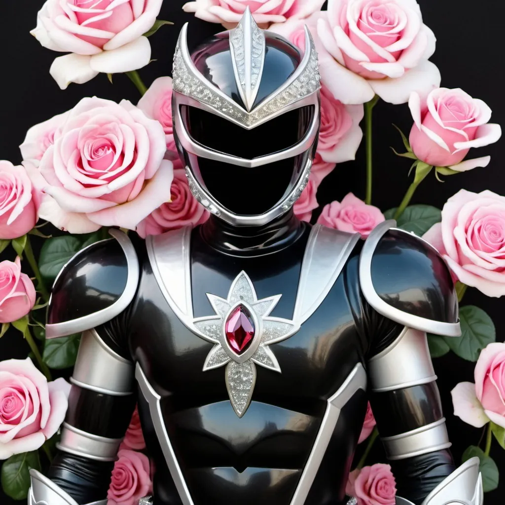 Prompt: Knight power ranger in black and silver with crystal roses 