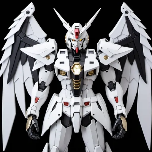 Prompt: Gundam devil with energy wings in silver and white and black with halo