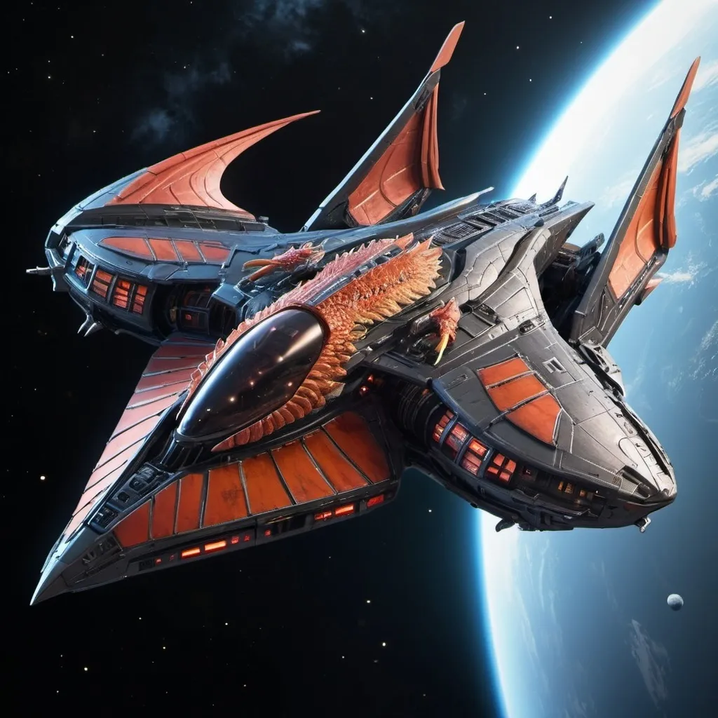 Prompt: Sci-fi Space ship fighter with dragon wings