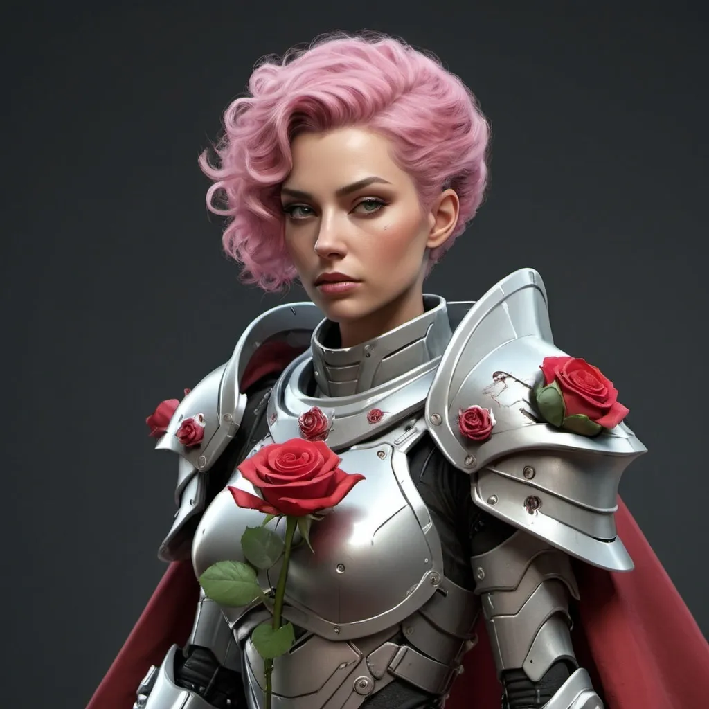 Prompt: Sci-fi female queen with power armor and a rose shoulder cape 