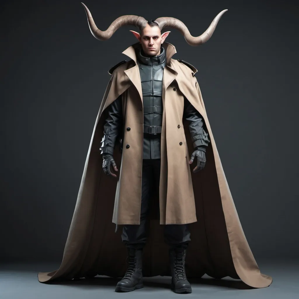 Prompt: Sci-fi soldier with horns and Trench coat with shoulder cape 