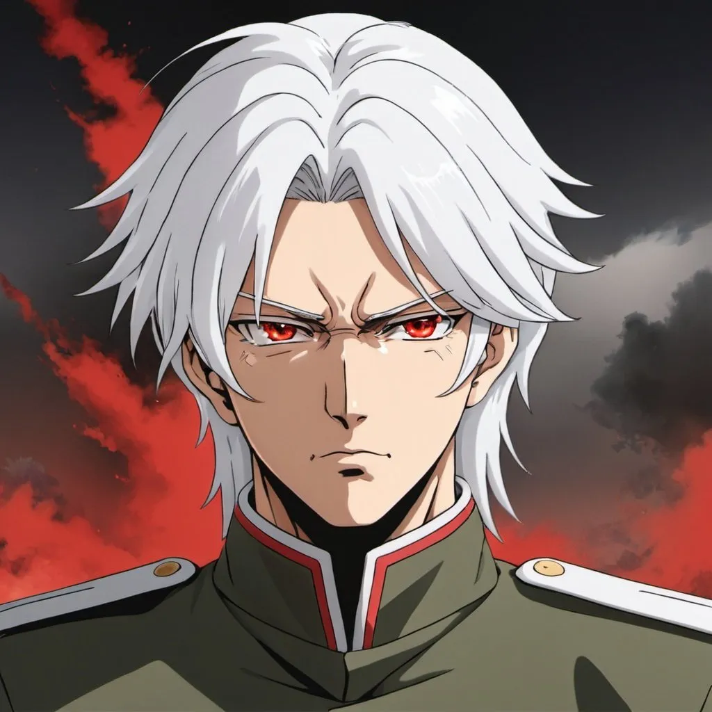 Male anime with white hair in military uniform from...