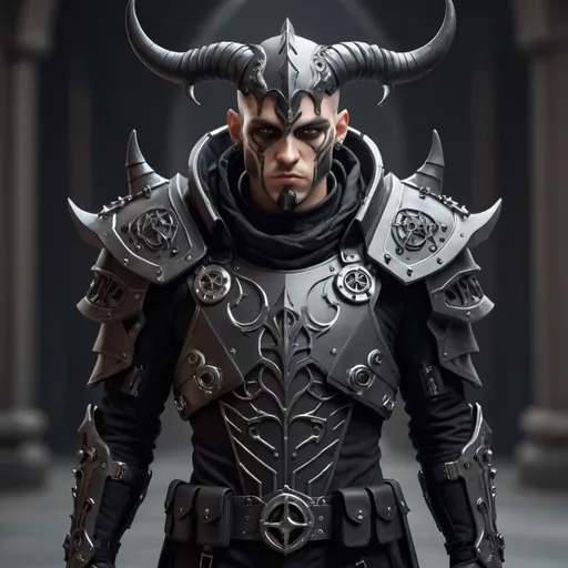 Prompt: Sci-fi soldier with gothic design that has a shoulder cape and horns