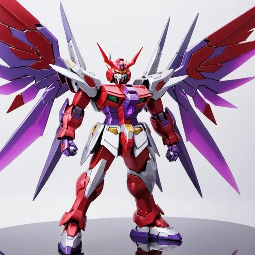 Prompt: Red and silver devil gundam with purple energy and wings