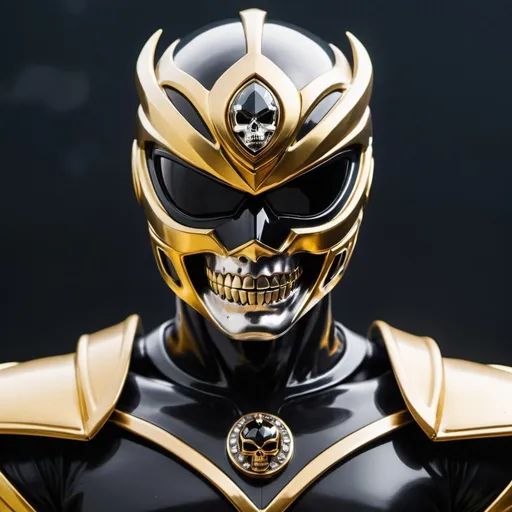 Prompt: Evil black and gold power ranger with skull helmet with crystal eclipse in the middle of the chest 