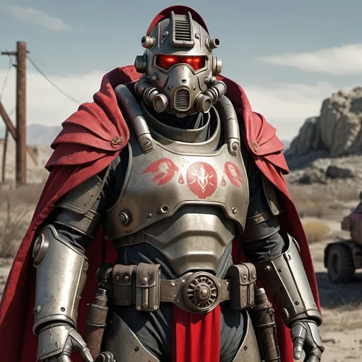 Prompt: Sci-fi soldier wearing fallout power armor with roman design with a crimson hooded helmet and shoulder cape 