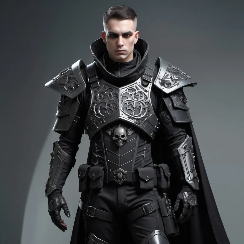 Prompt: Sci-fi soldier with gothic design that has a shoulder cape