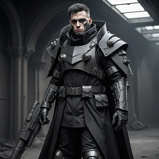 Prompt: Sci-fi soldier in power armor with a shoulder cape and trench coat with gothic design in black 