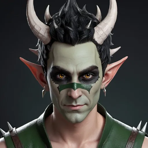 Prompt: Male elf with demon horns and pitch black eyes and spiked hair with face mask 