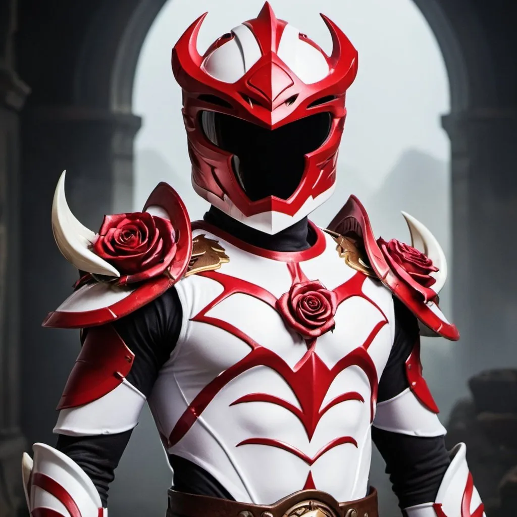 Prompt: Power ranger with dragon helm in a white and red color scheme with rose in the middle of the chest 