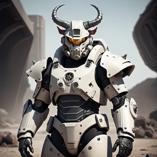 Prompt: Sci-fi soldier in power armor with horns 