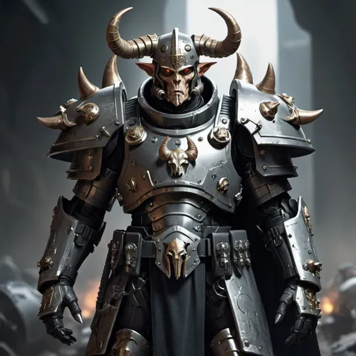 Prompt: Sci-fi soldier with horns that has norse and gothic design armor with a shoulder cape in Warhammer 40k power armor 