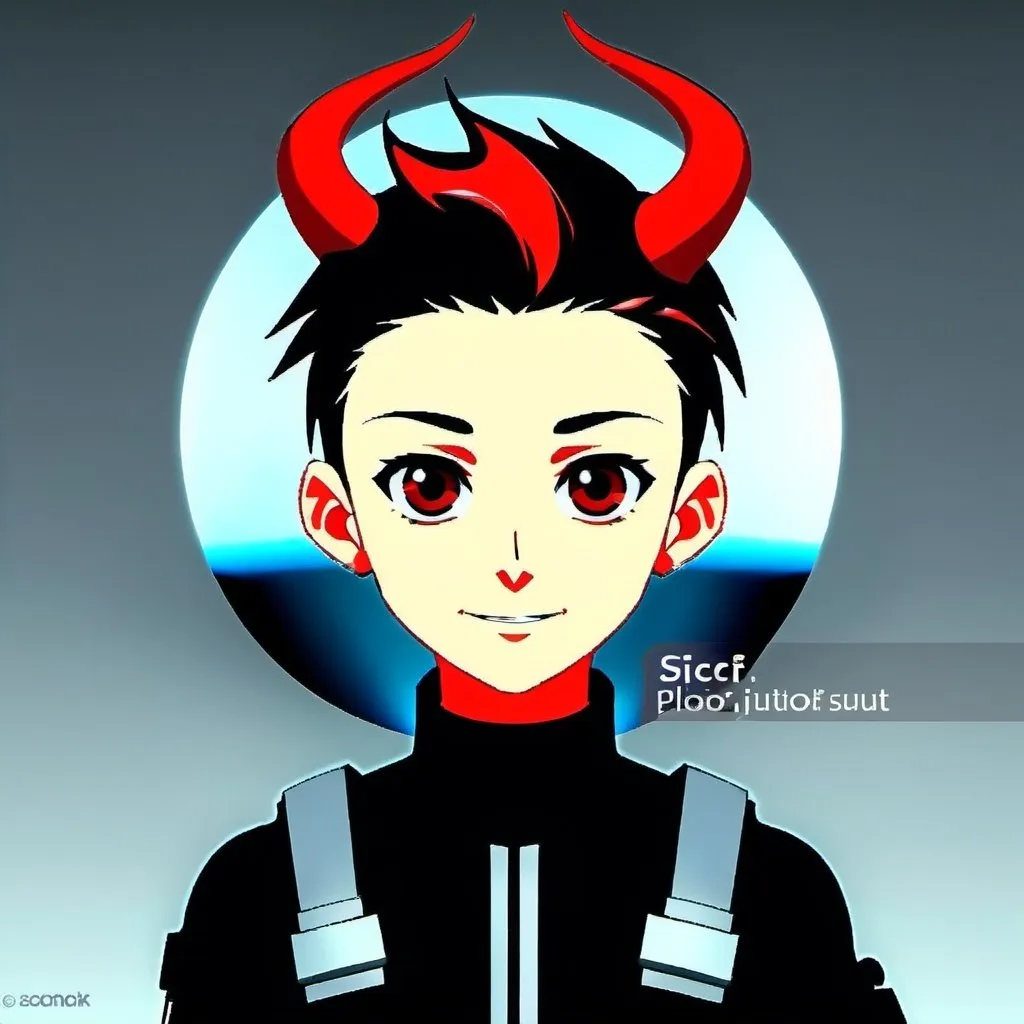 Prompt: With horns and red and black hair male in sci-fi pilot suit