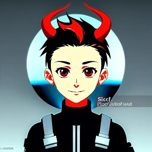 Prompt: With horns and red and black hair male in sci-fi pilot suit