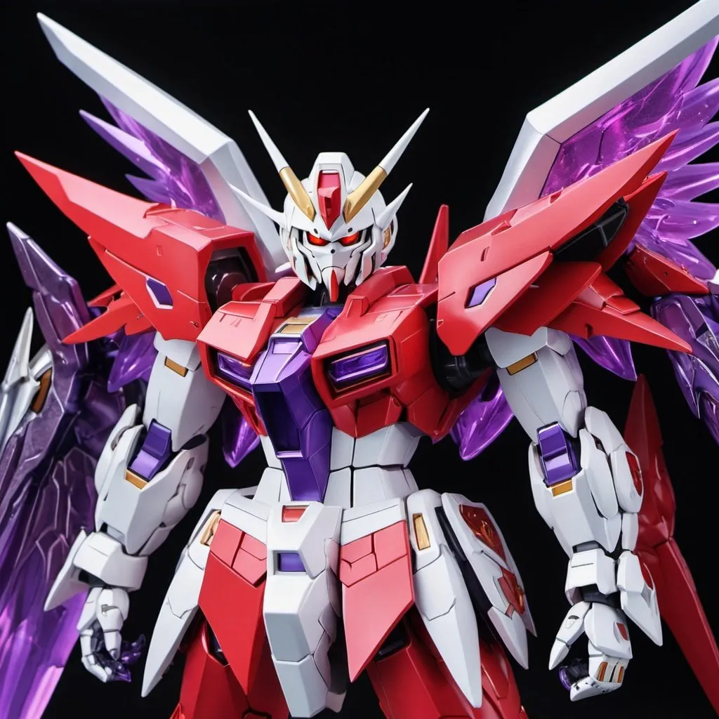 Prompt: Red and silver devil gundam with purple energy and wings