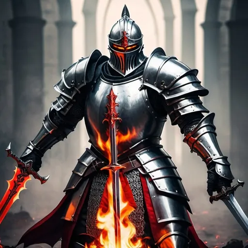 Prompt: Epic fantasy Knight with two swords that have a red flame 