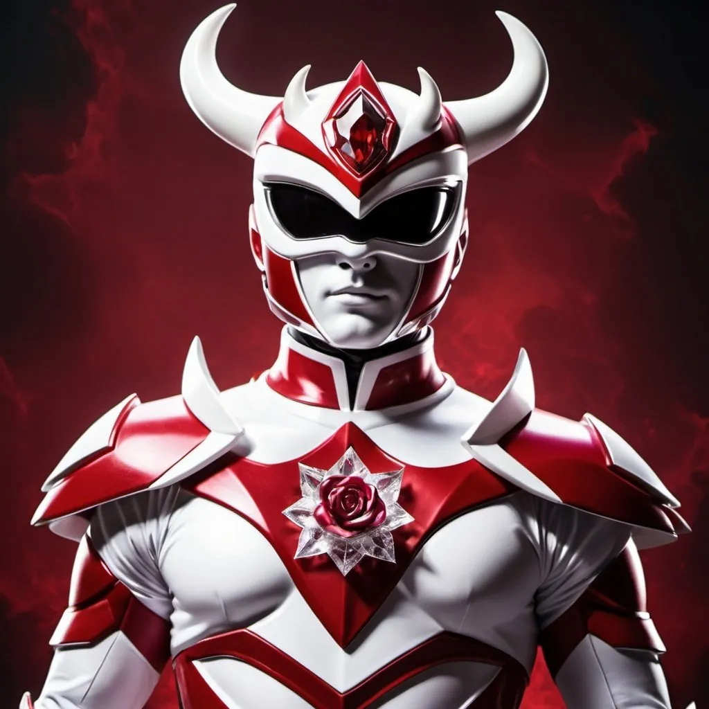 Prompt: White and red power ranger Knight with a crystal rose in the middle of the chest with horns 