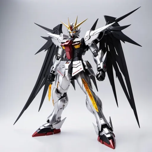 Prompt: Silver devil gundam with black energy wings 