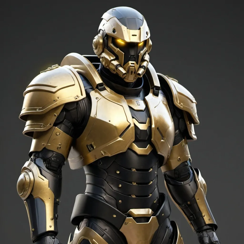 Prompt: Sci-fi male soldier with gold and black shoulder cape and power armor 