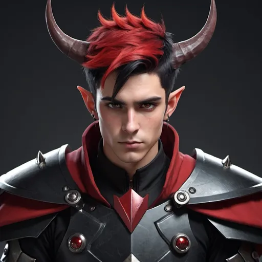 Prompt: Sci-fi male soldier protagonist with horns and shoulder cape with red and black hair that is spiked slightly with elf ears