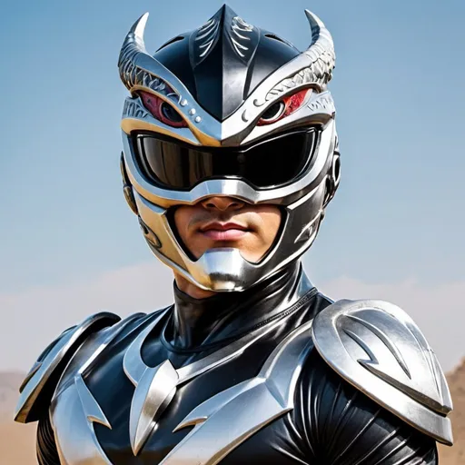 Prompt: Power ranger with dragon helmet with black and silver color 