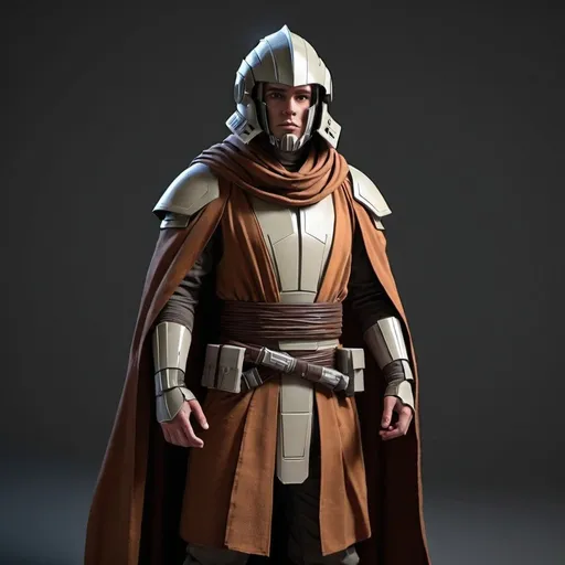 Prompt: Sci-fi Jedi Knight with helmet and shoulder cape 