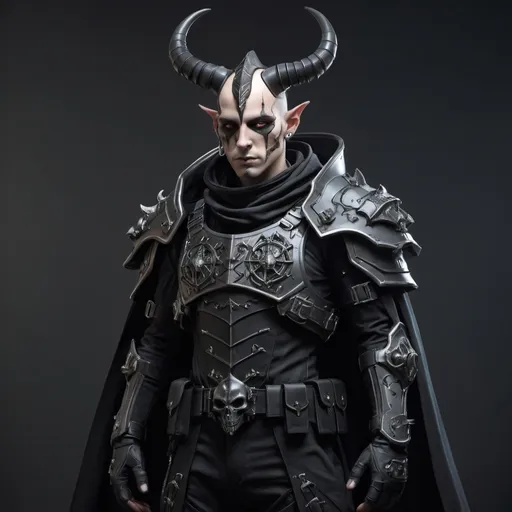 Prompt: Sci-fi soldier with gothic design that has a shoulder cape and horns